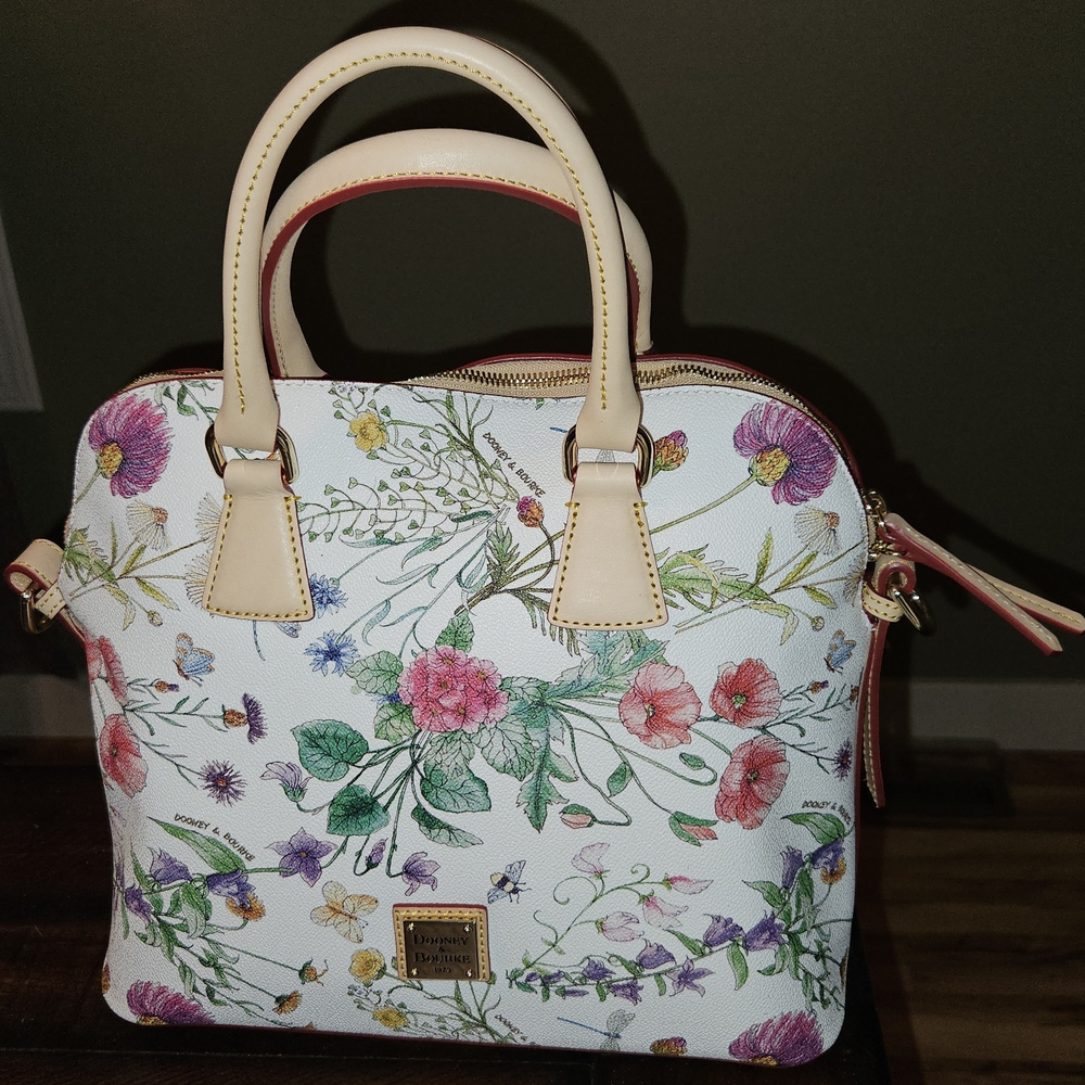 Dooney & Bourke White Floral Satchel with Tan Handles - Picture 12 of 13